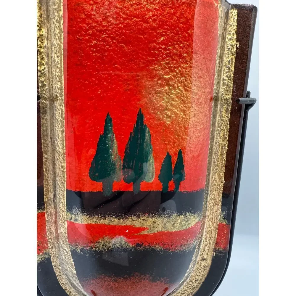 Vintage Jasmine Art Glass Vase in Metal Stand Black Gold Red Green Trees Vibrant
